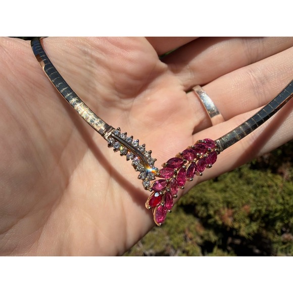 The Unbranded Brand Jewelry - Vintage 14k Solid Gold Omega Natural Marque Ruby & Diamond Necklace Pave Cluster